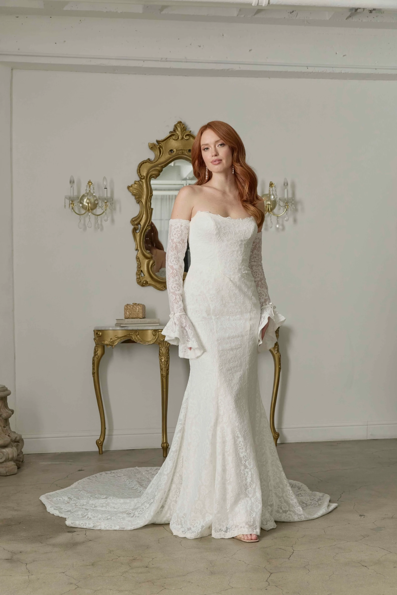 Model wearing a bridal gown by Serene Bridal