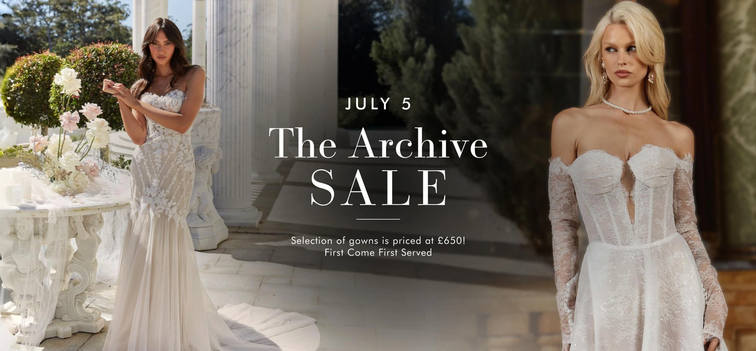 Models wearing bridal dresses, The Archive Sale desktop banner